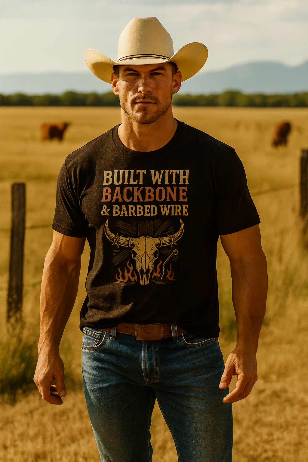 Man wearing a cowboy hat and t-shirt with text and graphic in a field